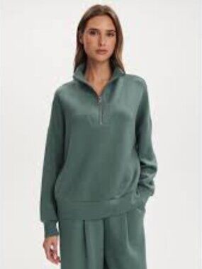 Magaschoni Womens Pullover Top Oversize Sage Green Half Zip Funnel Neck